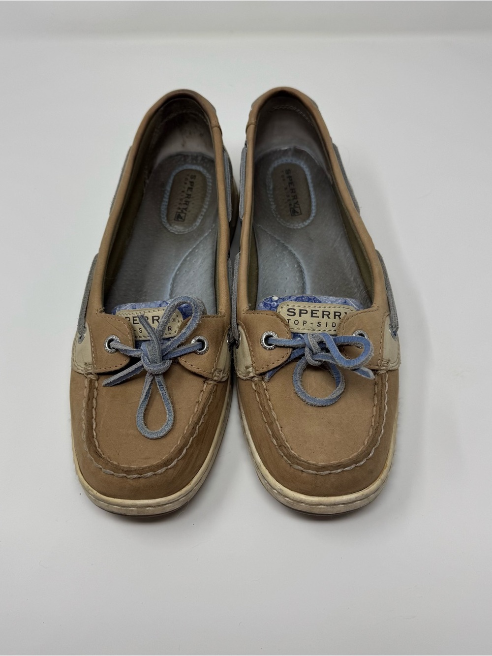 Sperry Tan Women's Boat Shoes with Floral Blue Sequin accent